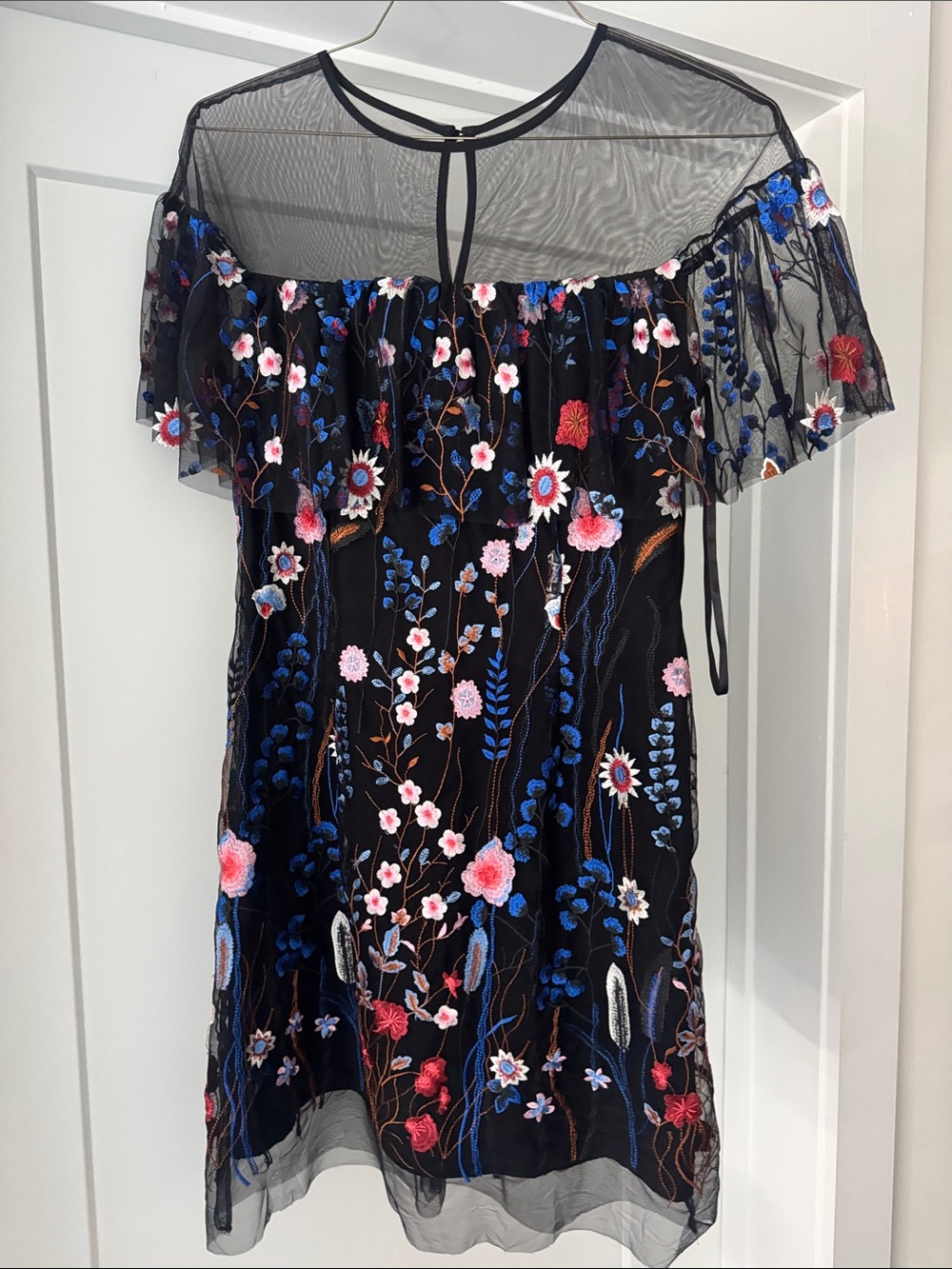 Black Floral Embroidered Mesh Dress - Short Sleeve